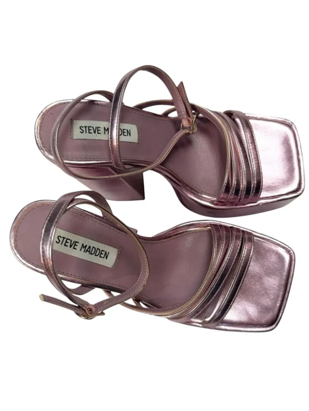 Steve Madden Thorne Platform Sandals Size 6 Metallic Pink Chunky Heel Square Toe